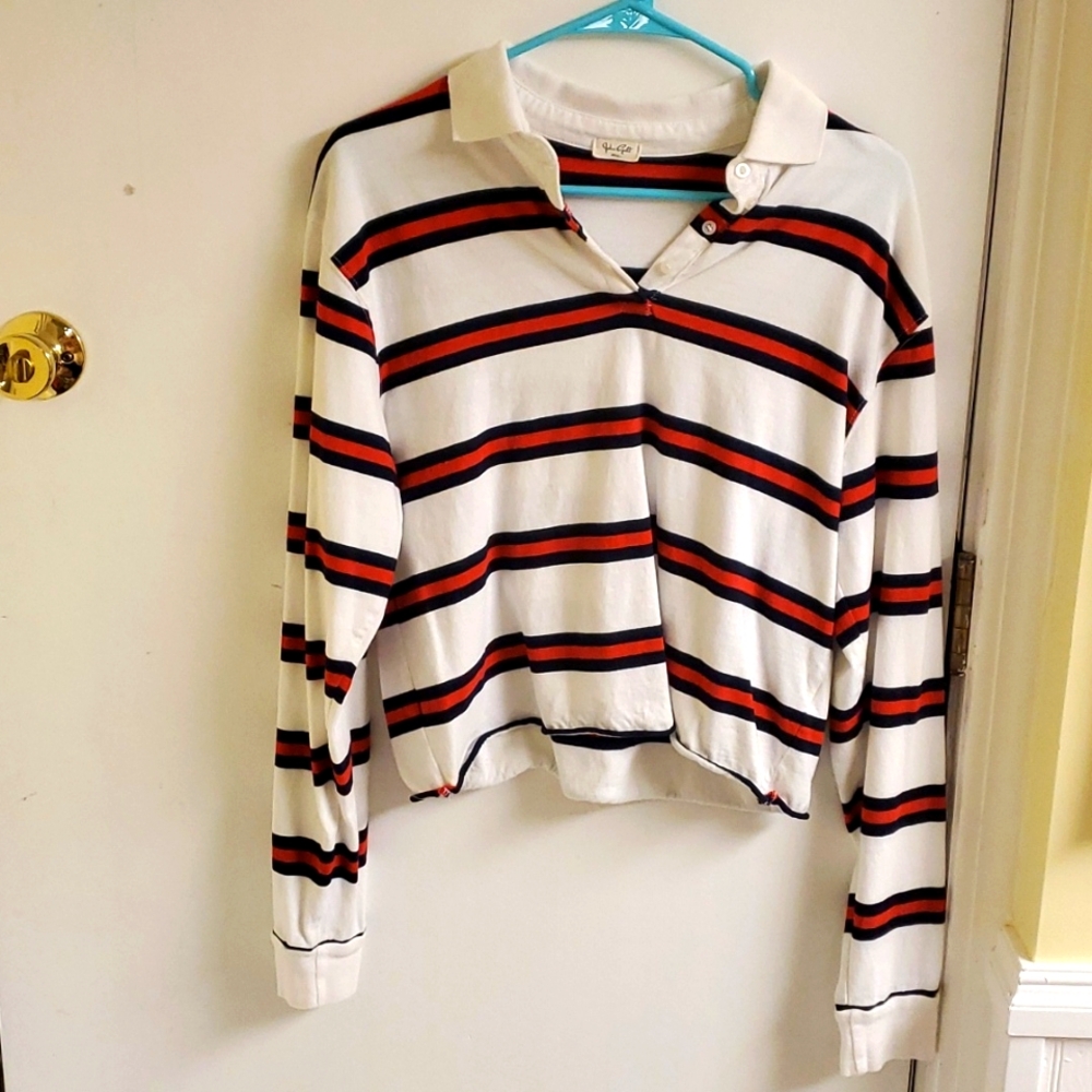 John Galt Brandy Melville Womens White/Red/Blue Cropped Rugby Shirt Size Small